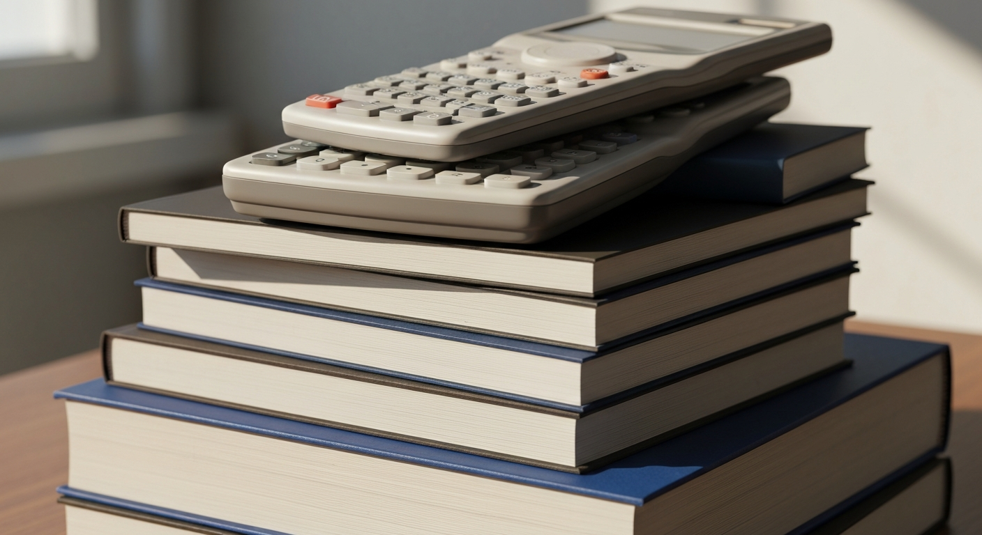 Stack of calculators and textbooks